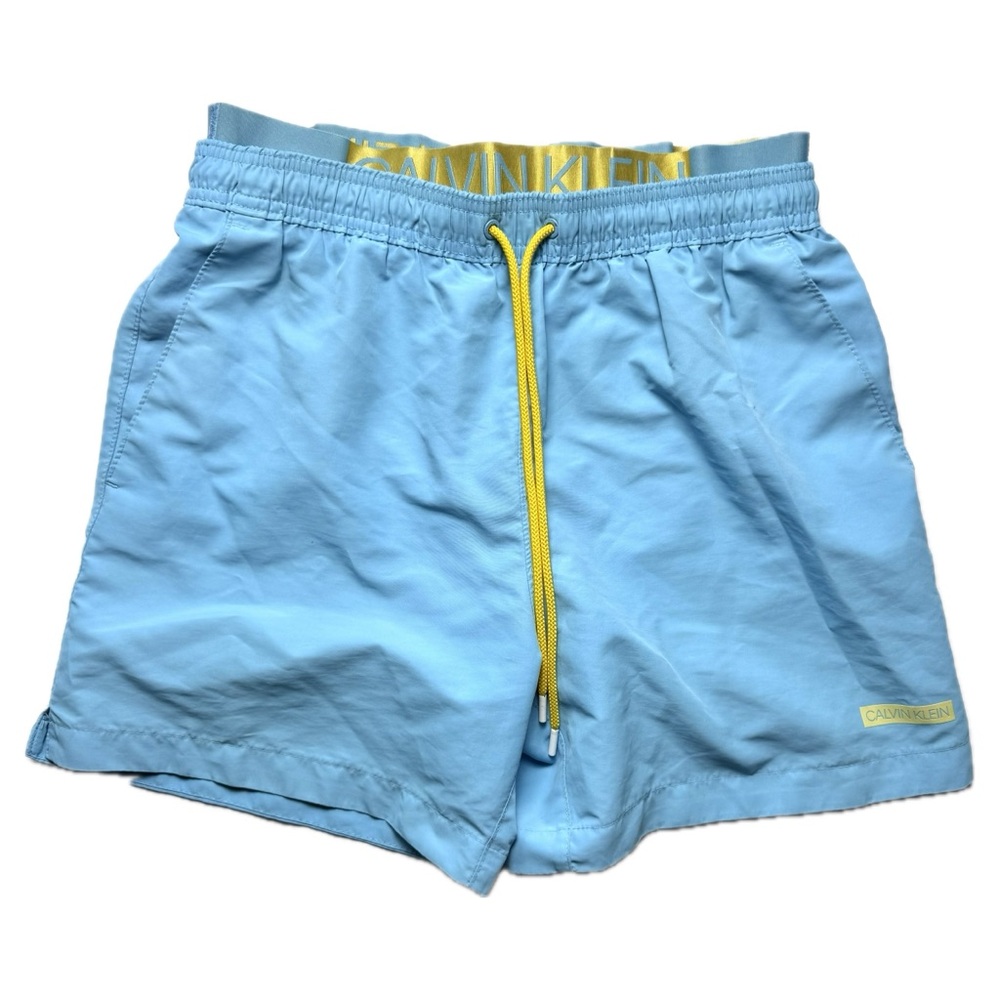 Calvin Klein Logo Light Blue and Yellow Swim Shorts Trunks Double Waistband